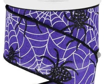 White Cobwebs w/ Black Glitter Spiders Halloween Themed 2.5" x 10 Yard Purple Wired Ribbon by the Roll for Wreaths, Bows, Decor, and Crafts