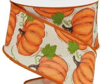 Fall Pumpkin Wired Ribbon by the Roll 2.5" x 10 Yards for Wreaths or Bows Autumn Ribbon