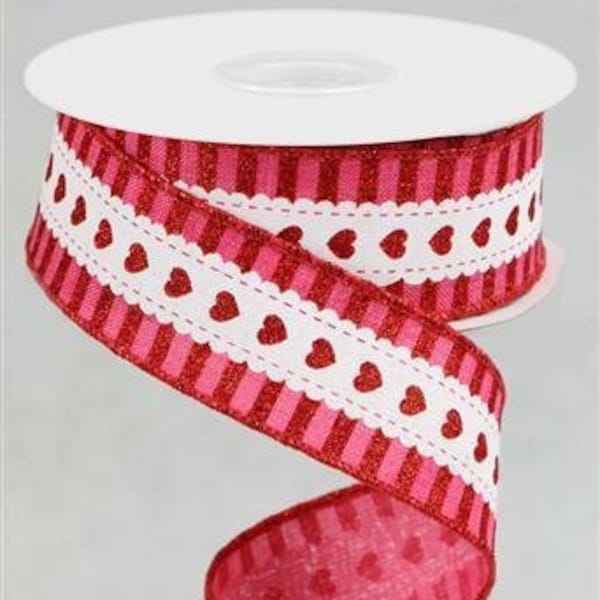 Red Glitter Hearts and Stripes Ribbon 1.5" x 10 Yard Roll for Valentine's Day Wreaths, Bows, Decor, Crafts, and Gift Wrap