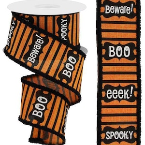 Halloween Wired Ribbon by the Roll 2.5&quot; x 10 Yards Orange Ribbon with Halloween Sayings and Black Fluffy Wired Edge