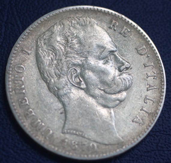 1879年 イタリア 5リラ 銀貨　ウンベルト1世 1879年 イタリア王国 ウンベルト1世 5リラ銀貨 - Etsy 日本