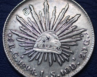 1894 Ga MEXICO Erste Republik Guadalajara 8 Reales Chopmark Silbermünze