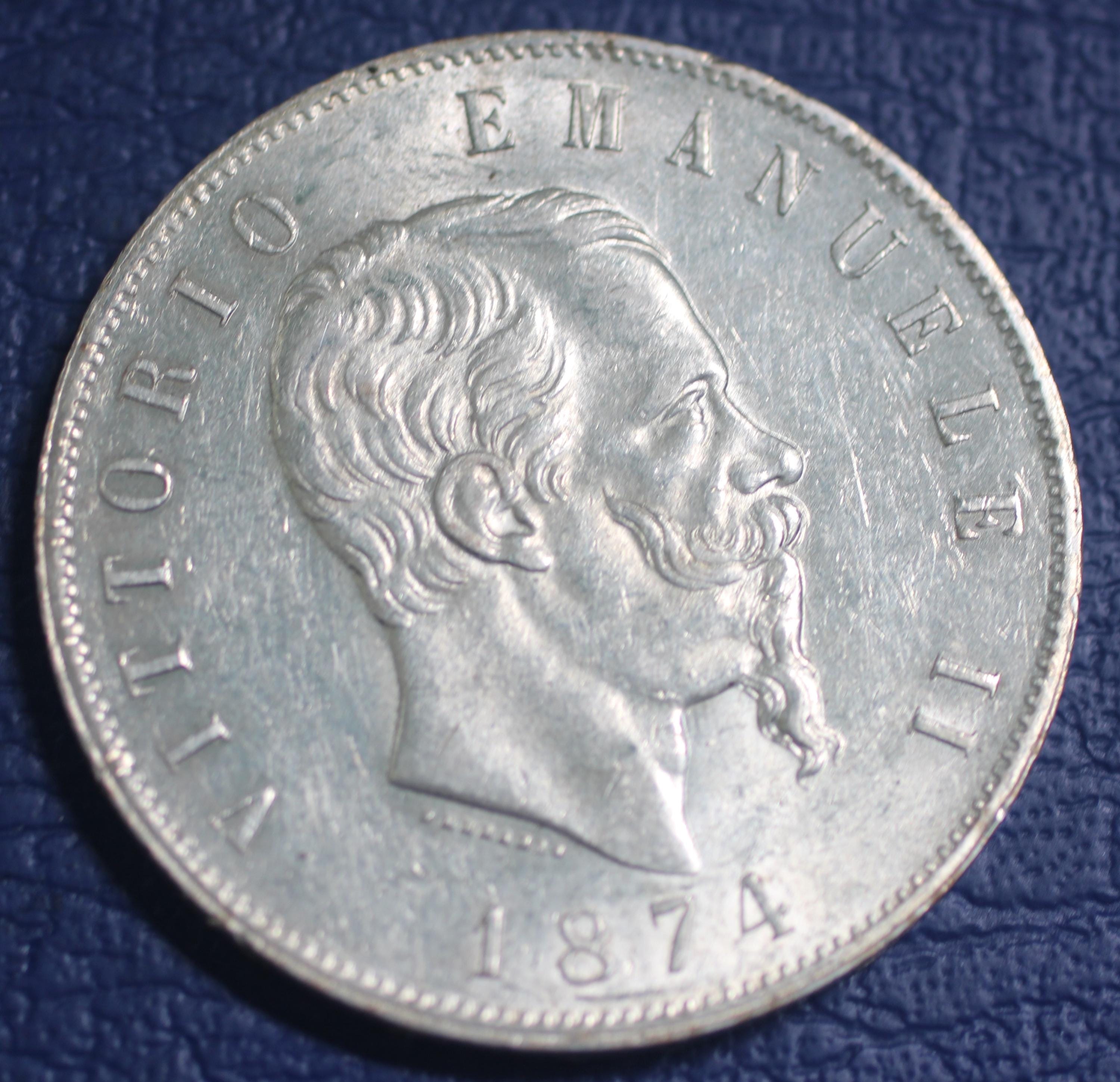 1874年 イタリア国王ヴィットーリオ・エマヌエーレ2世 5リラ銀貨 AU