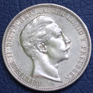 Moneda de plata de 3 marcos Guillermo II del Reino de Prusia de Alemania de 1909, XF
