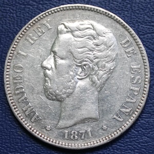 1871 Spain King Amadeo 5 Pesetas Silver Coin