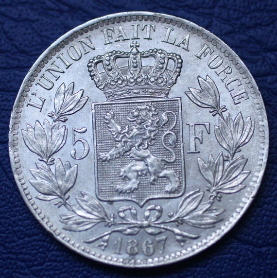 1867年 ベルギー 5フラン銀貨 レオポルド2世 美品 1867年 ベルギー国王レオポルド2世 5フラン銀貨 - Etsy 日本