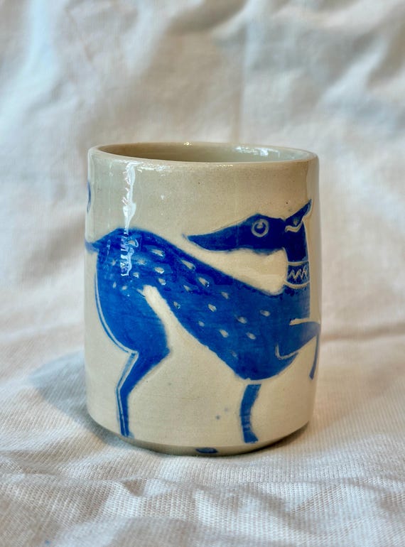 Hand-Painted Whippet Espresso Cup: Sgraffito Ceramic Coffee Cup