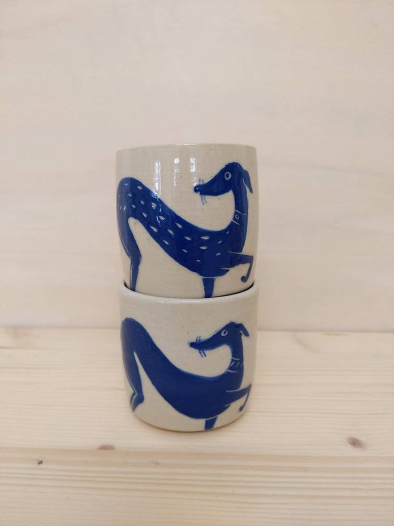 Espresso cup with whippet dog illustration, Italian greyhound, greyhound, hand painted sgraffito, ready to ship image 3