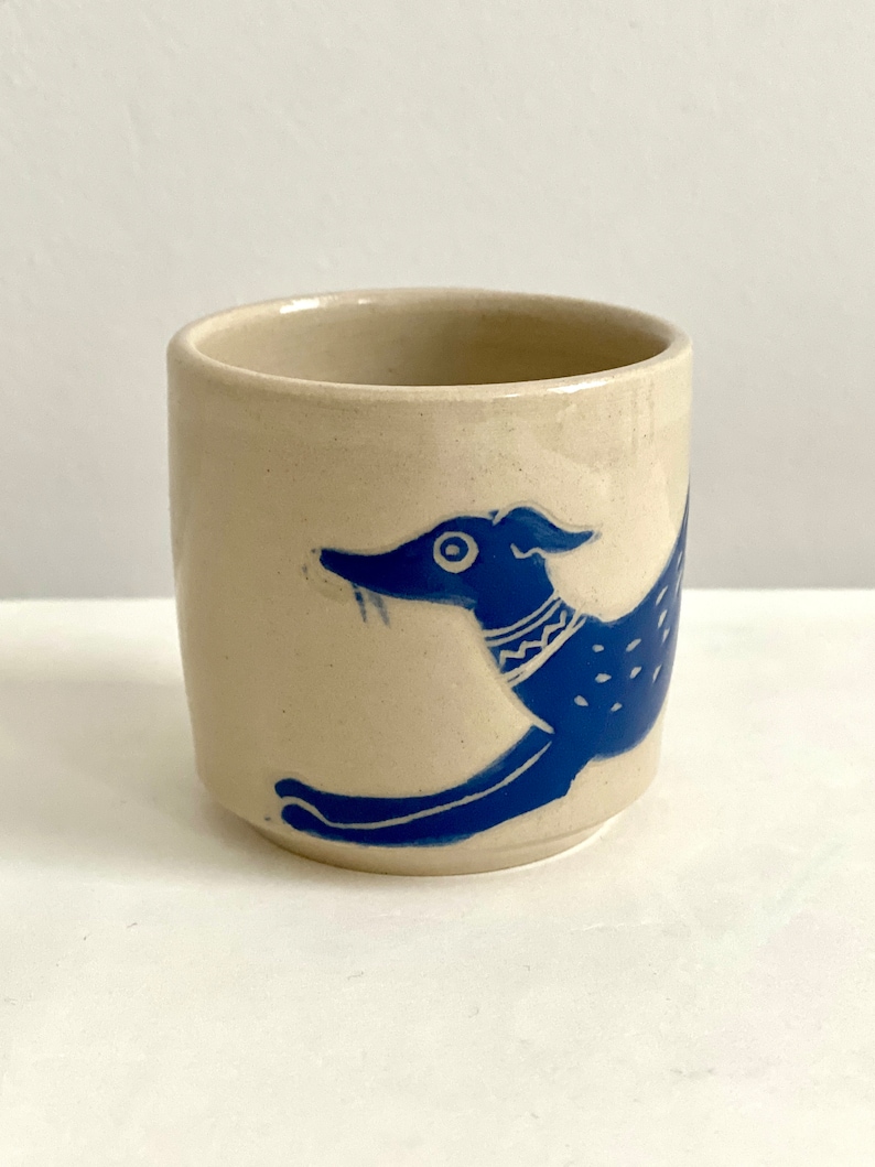 Espresso cup with whippet dog illustration, Italian greyhound, greyhound, hand painted sgraffito, ready to ship image 4