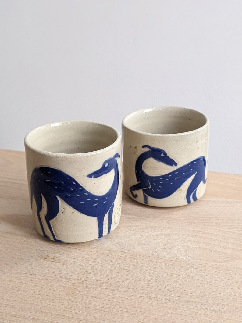 Espresso cup with whippet dog illustration, Italian greyhound, greyhound, hand painted sgraffito, ready to ship image 1