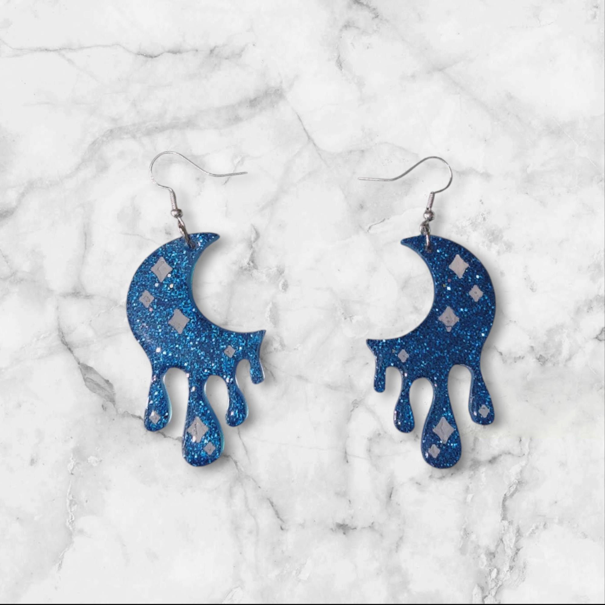 Dripping Star Earrings | Blue Glitter Celestial Earrings | Moon & Mushroom Statement Earrings | Fantasy Aesthetic Jewelry | Handmade Gift - Thumbnail 2