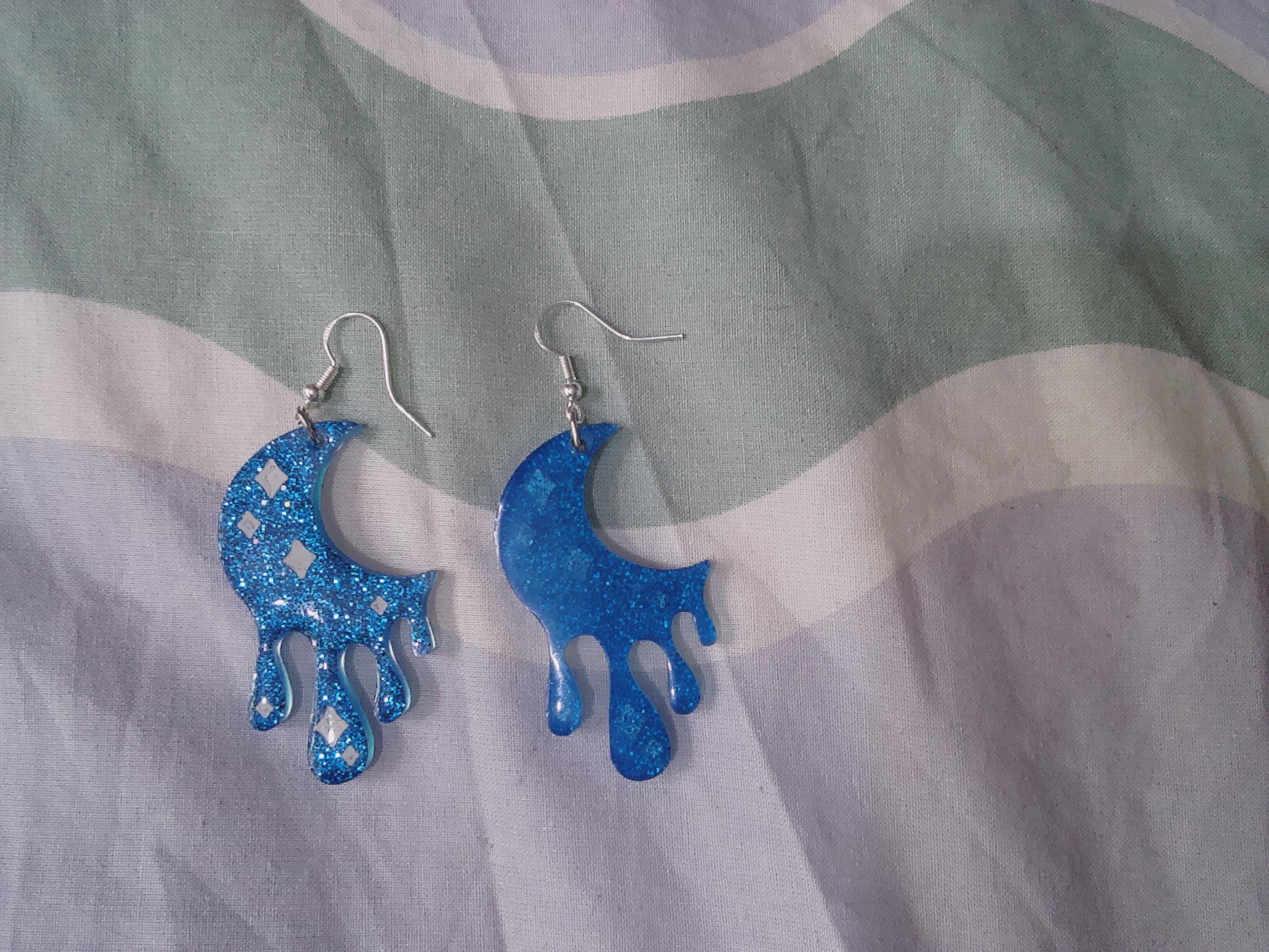 Dripping Star Earrings | Blue Glitter Celestial Earrings | Moon & Mushroom Statement Earrings | Fantasy Aesthetic Jewelry | Handmade Gift - Thumbnail 7