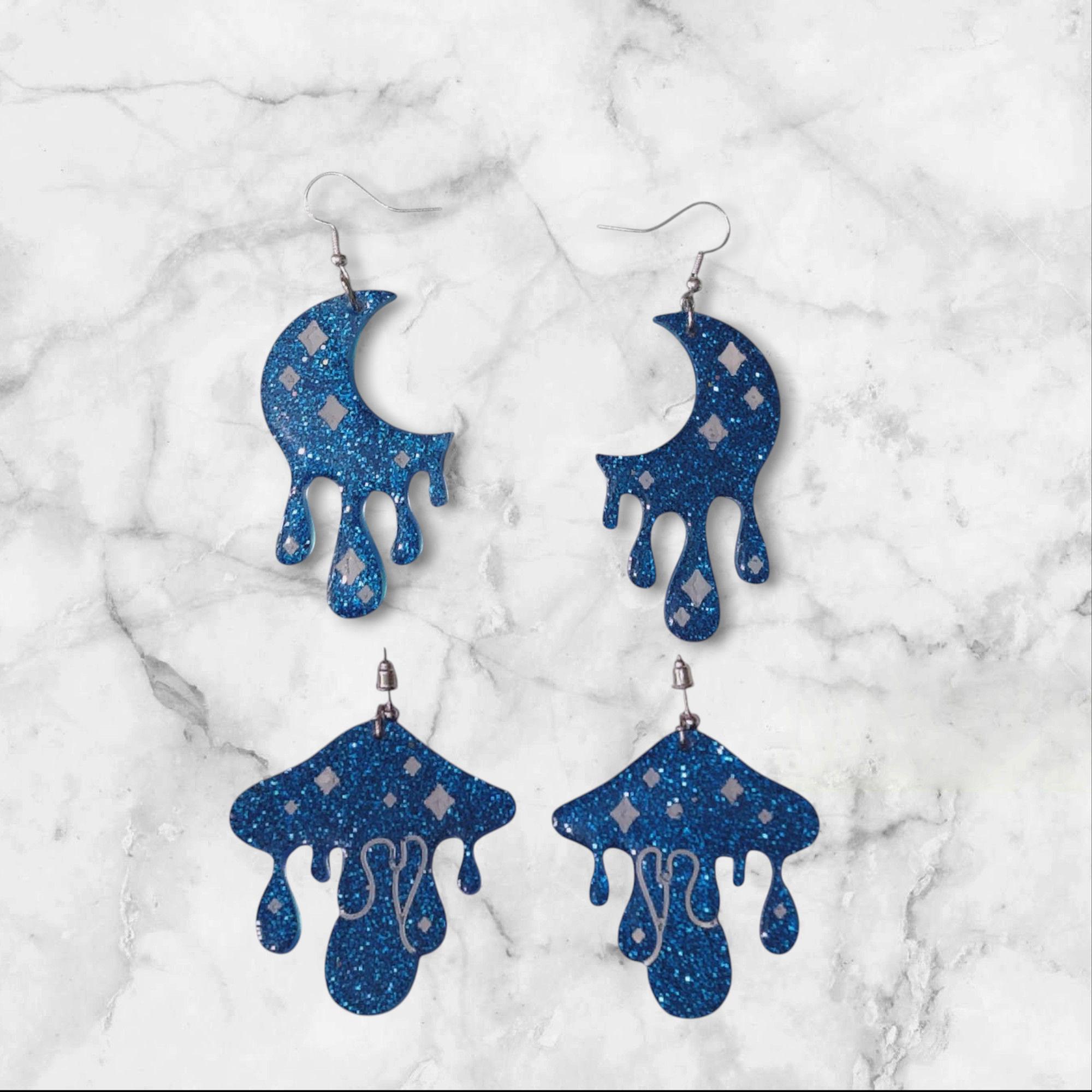 Dripping Star Earrings | Blue Glitter Celestial Earrings | Moon & Mushroom Statement Earrings | Fantasy Aesthetic Jewelry | Handmade Gift
