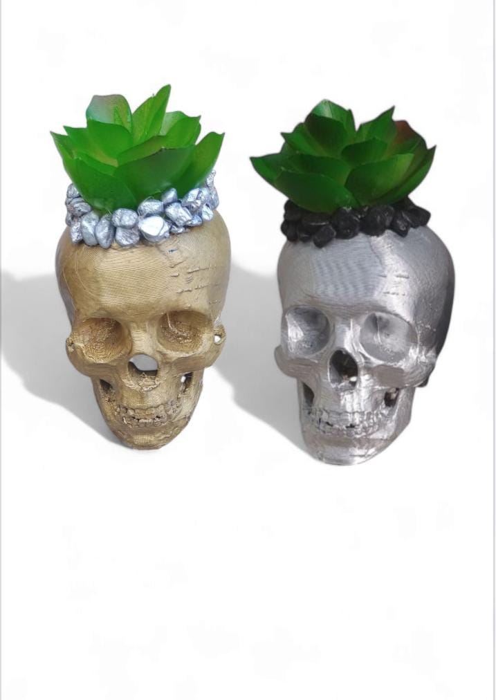 Metallic 3D Printed Skull Planter with Faux Succulent, Gothic Halloween Decor, Creepy Skull Pot, Gold or Silver Skull Vase, Teacher gift - Thumbnail 4