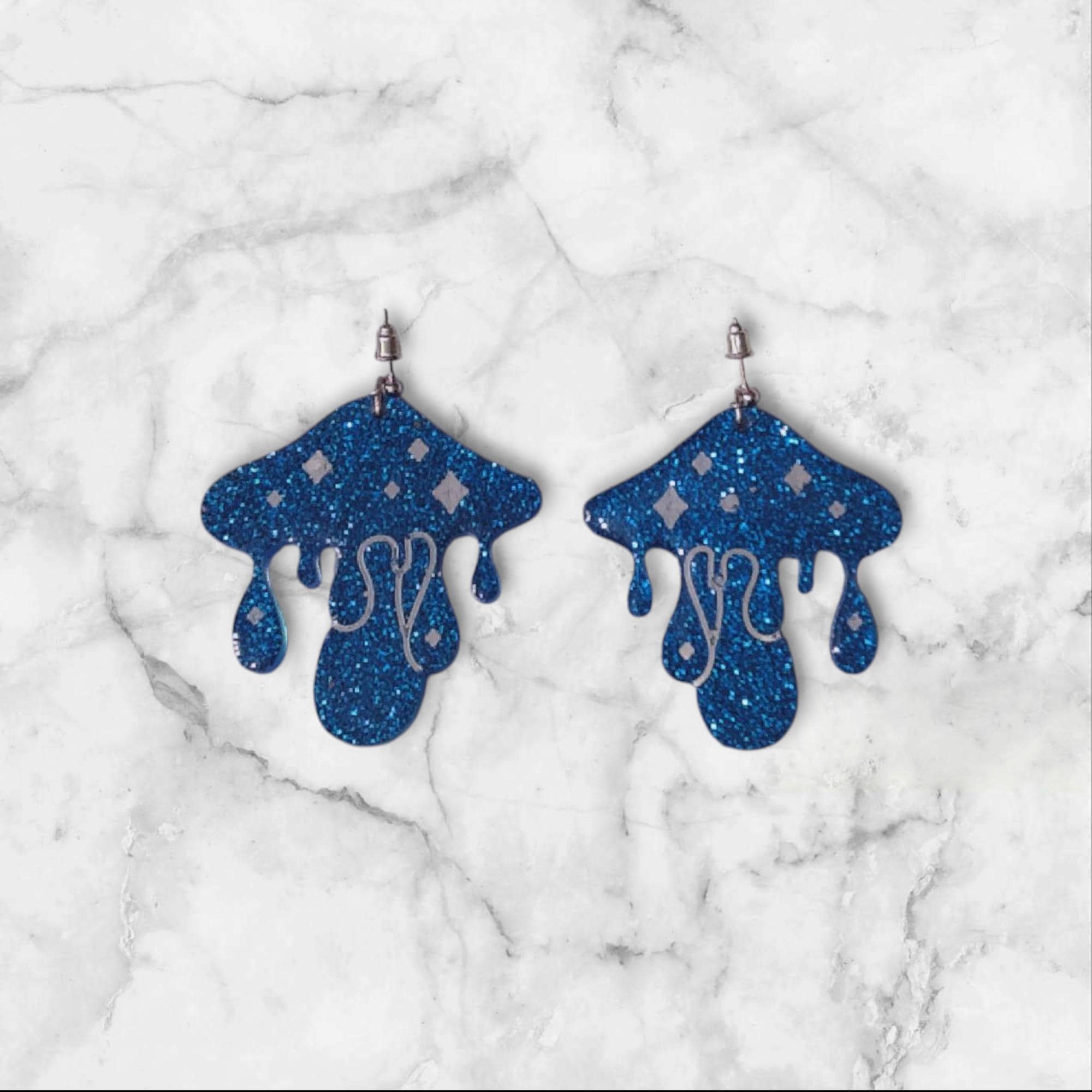 Dripping Star Earrings | Blue Glitter Celestial Earrings | Moon & Mushroom Statement Earrings | Fantasy Aesthetic Jewelry | Handmade Gift - Thumbnail 3