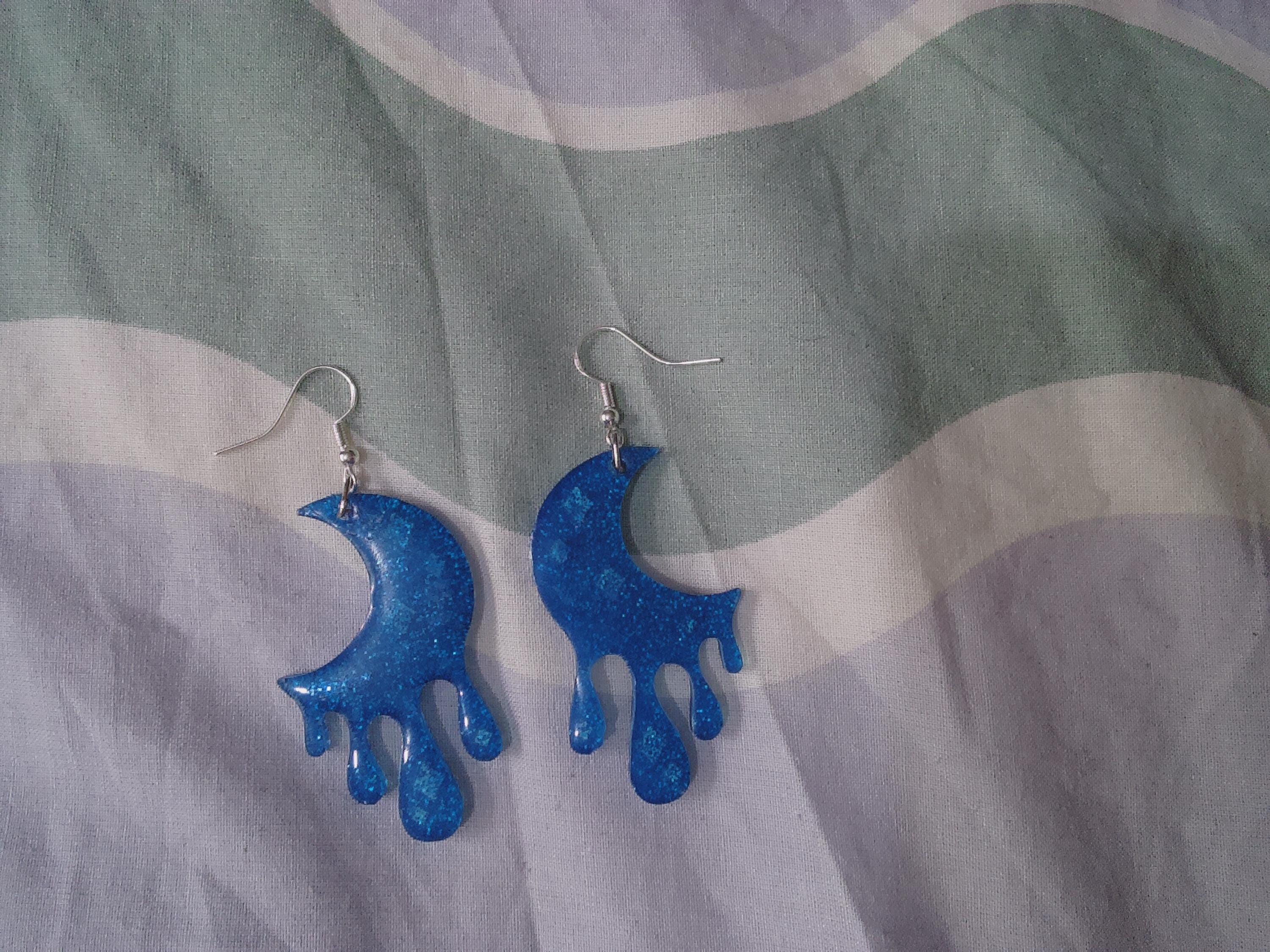 Dripping Star Earrings | Blue Glitter Celestial Earrings | Moon & Mushroom Statement Earrings | Fantasy Aesthetic Jewelry | Handmade Gift - Thumbnail 6