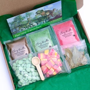 May include: A children's activity kit presented in a box. It features small bags of colourful powders and sweets, a wooden spoon, and a card with dinosaur illustrations and the text "Rear-some Concoctions". The bags are labelled "Cherry Bumbles Fizzy Fun Potions".