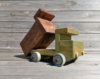 wooden toy dump truck, car, truck, wooden truck, wooden toy truck