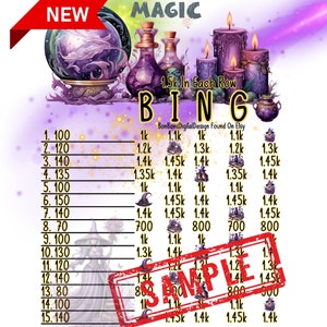 May include: A digital art print featuring a purple and white crystal ball, potion bottles, candles, and a bingo card with the word "MAGIC" at the top. The card has a "SAMPLE" stamp and the text "1.5k In Each Row".