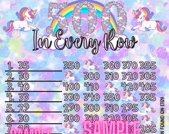 Unicorn 500 In Each Row WTA PYP 15 Line Bingo Board