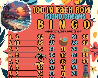100 In Each Row PYP Pro WTA Island Dreams 15 Line Bingo Board , Small Pro Bingo