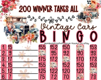 200 In Each Row WTA PYP Vintage Cars 15 Line Bingo Board , WTA Bingo Board