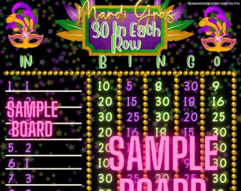 30 In Each Row WTA Mardi Gras 15 Line Bingo Board, PYP Bingo Board, Mardi Gras Bingo Board