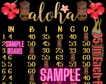 75 In Each Aloha 15 Line Bingo Board, PYP Bingo Board, WTA PYP Bingo Board
