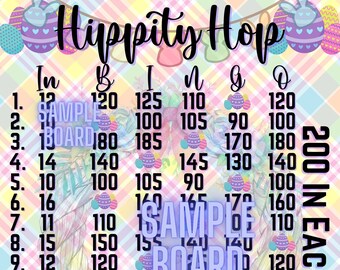 3 Variations Of Hippity Hop Easter 200 In Each Row WTA PYP 15 Line Bingo Board, Easter Bingo Board