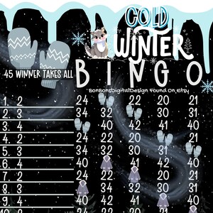 45 In Each Row 15 line bingo board, pyp wta Christmas themed bingo