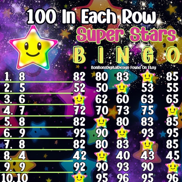 100 In Each Row PYP Pro WTA Super Stars 15 Line Bingo Board , Small Pro Bingo