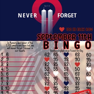 100 In Each Row PYP Memorial 15 Line Bingo Board , Always Remember September 11th Bingo