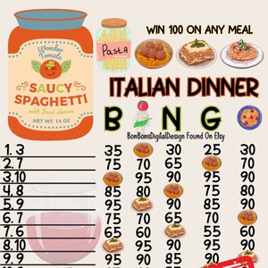 100 PYP Pro WTA Italian Dinner 15 Line Bingo Board, 100 dans chaque rangée Bingo