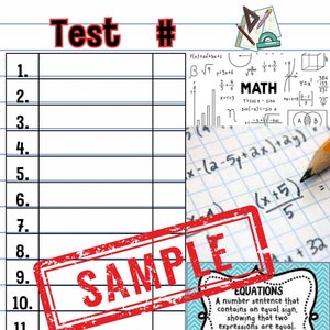 Könnte beinhalten: Ein schwarz-weißes druckbares Arbeitsblatt mit dem Wort "Test #" oben. Das Arbeitsblatt hat 15 nummerierte Zeilen mit leeren Feldern für Antworten. Ein roter Stempel mit dem Wort "SAMPLE" befindet sich auf dem Arbeitsblatt. Das Arbeitsblatt ist für mathematische Gleichungen. Eine blaue und weiße Grafik mit dem Wort "EQUATIONS" befindet sich auf der rechten Seite des Arbeitsblatts. Die Grafik erklärt, dass eine Gleichung ein Zahlen-Satz ist, der ein Gleichheitszeichen enthält, das zeigt, dass zwei Ausdrücke gleich sind. Die Grafik zeigt die Gleichung 10 + 6 = 16.