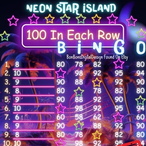 100 en cada fila PYP Pro WTA Neon Star Island Tablero de bingo de 15 líneas