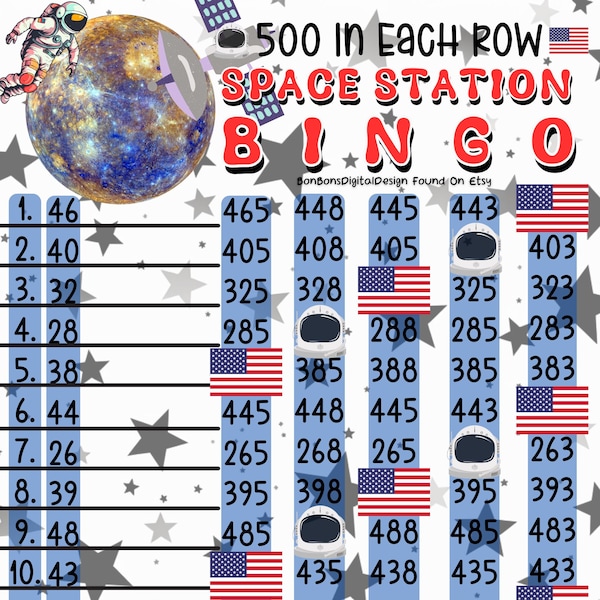 500 HR PYP Profit WTA 15 Line Bingo Board , Space Station Bingo, 500 In Each Row Bingo