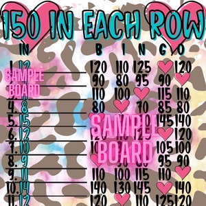 150 In Each Row WTA PYP 15 Line Bingo Board, Valentines Day Bingo Board