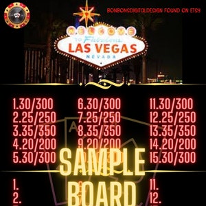 Puede incluir: Un tablero de muestra negro y rojo con los números del 1 al 15 y los precios correspondientes enumerados en una columna a la izquierda. Los precios están en formato de dólares y centavos por 100, 250, 300 o 350. El tablero está colocado sobre un fondo de un letrero de Las Vegas con una estrella en la parte superior. El letrero está iluminado en amarillo y rojo. El tablero también está decorado con una máquina tragamonedas con tres 7 y un par de cartas de juego.