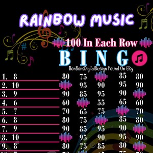 100 tablero de bingo de 15 líneas de PYP Pro WTA Rainbow Music, 100 en cada fila de bingo, bingo brillante