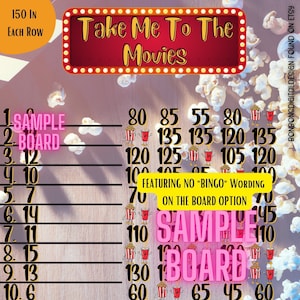 Take Me To The Movies 150 WTA 15 Line Bingo Board, PYP Bingo Board, 150 In Each Row, Movie Theater Themed