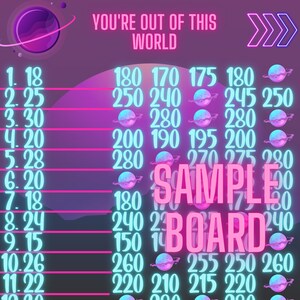 Könnte beinhalten: Eine druckbare Bingokarte mit einem Neon-Pink- und Blauton. Die Karte trägt den Titel "You're Out of This World" und hat den Text "Sample Board" in der Mitte. Die Zahlen auf der Karte reichen von 15 bis 280.