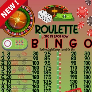 May include: A green and white bingo card with a red stamp that says "SAMPLE" over it. The card has numbers from 1 to 20 in the left column and numbers from 30 to 80 in the right column. The card is titled "Roulette Bingo" with the text "200 in each row".
