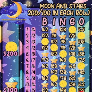 200 PYP pro WTA 15 Line Bingo Board , Moon and Stars Bingo, Double bingo board, 100 in each row