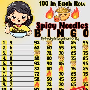 100 PYP Pro WTA 15 Line Bingo Board, Spicy Noodles 100 In Each Row Bingo