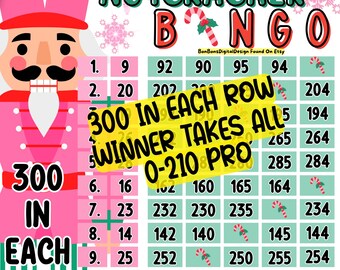 300 In Each Row WTA PYP Christmas 15 Line Bingo Board , Holiday Nutcracker Bingo, Winner Takes All