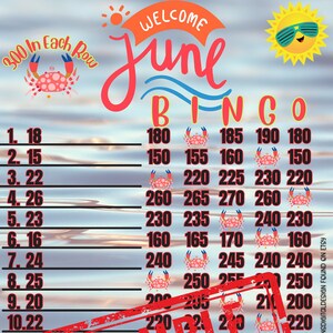 Op de afbeelding: Een juni-bingokaart met een strandthema. De kaart heeft een rode krab bovenaan en de nummers 180, 185, 190, 180, 150, 155, 160, 150, 220, 225, 230, 220, 260, 265, 270, 260, 230, 235, 240, 230, 160, 165, 170, 160, 240, 245, 240, 240, 250, 255, 250, 250, 200, 205, 210, 200, 220, 225, 220, 220, 190, 195, 200, 190, 260, 265, 270, 260, 240, 245, 250, 240, 180, 185, 190, 180, 260, 265, 270, 260. De kaart is op een blauwe en witte achtergrond.