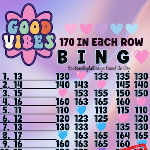 May include: A pink and purple bingo card with the words "Good Vibes" and "170 in each row" at the top. The card has numbers from 11 to 170, with each number in a different color. The card is marked "Sample" in red.