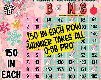 150 In Each Row WTA PYP Christmas 15 Line Bingo Board , Holiday Snowman Bingo, Winner Takes All, Pinkmas