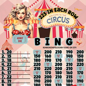 May include: A pink and white bingo card with a circus theme. The card has 25 squares with numbers from 1 to 220. The card also has a red and white striped tent, a blue and white elephant, and a red and white ticket with the words "ADMIT ONE". The text "225 IN EACH ROW" and "WELCOME TO THE CIRCUS" is at the top of the card. The text "BINGO" is in large black letters at the top of the card. The text "BONBONSDIGITALDESIGN FOUND ON ESTY" is at the bottom of the card.