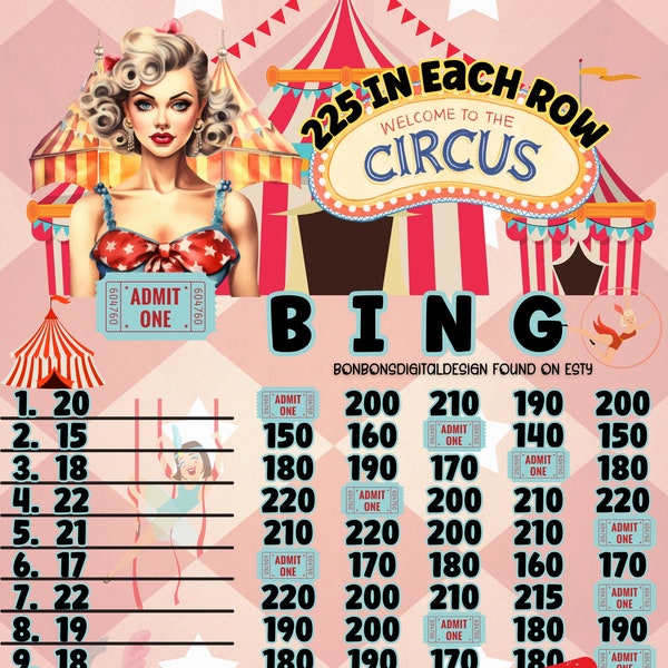 Circus 225 Profit PYP 15 Line Bingo Board , With FREE Credit Board